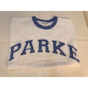 Parke Short Sleeve Tee - White with Blue Lettering- S
